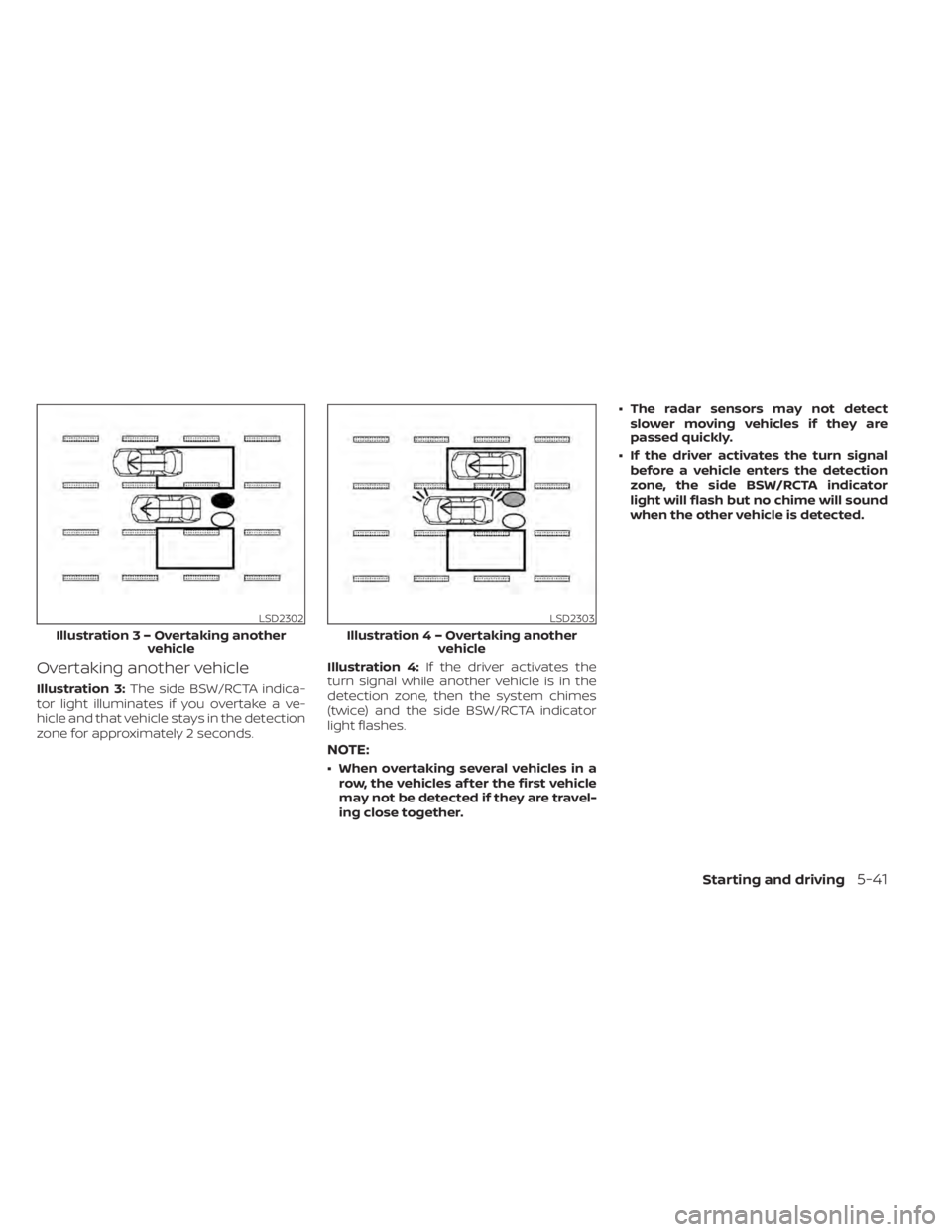 NISSAN MAXIMA 2021 Owner´s Manual Overtaking another vehicle
Illustration 3:The side BSW/RCTA indica-
tor light illuminates if you overtake a ve-
hicle and that vehicle stays in the detection
zone for approximately 2 seconds. Illustra NISSAN MAXIMA 2021 Owner´s Manual Overtaking another vehicle
Illustration 3:The side BSW/RCTA indica-
tor light illuminates if you overtake a ve-
hicle and that vehicle stays in the detection
zone for approximately 2 seconds. Illustra