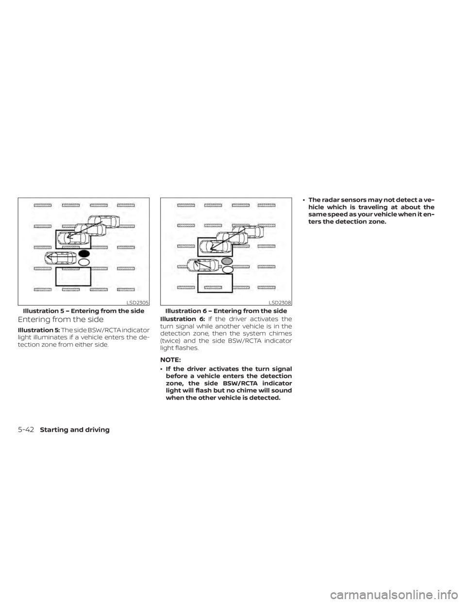 NISSAN MAXIMA 2021 Owner´s Manual Entering from the side
Illustration 5:The side BSW/RCTA indicator
light illuminates if a vehicle enters the de-
tection zone from either side. Illustration 6:
If the driver activates the
turn signal w NISSAN MAXIMA 2021 Owner´s Manual Entering from the side
Illustration 5:The side BSW/RCTA indicator
light illuminates if a vehicle enters the de-
tection zone from either side. Illustration 6:
If the driver activates the
turn signal w