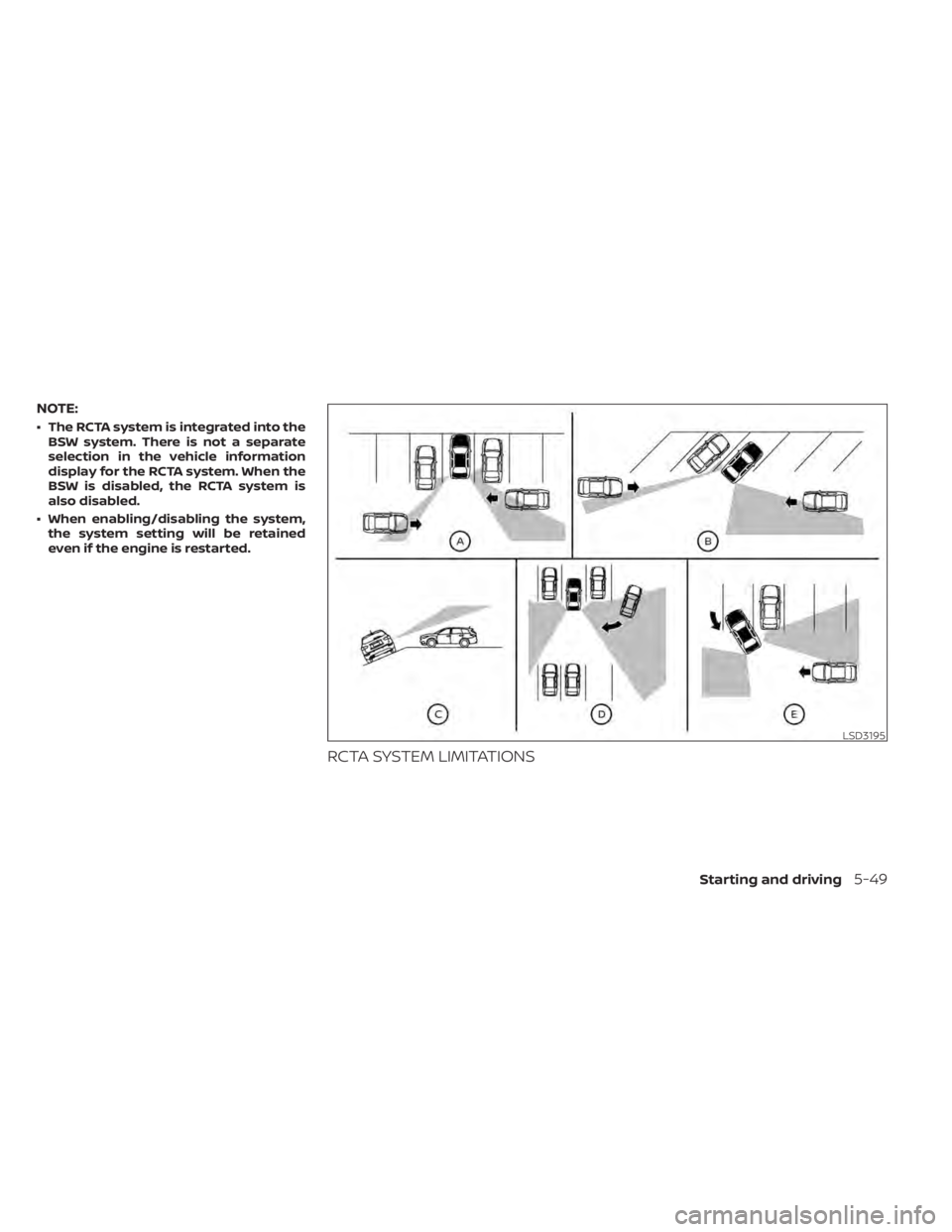 NISSAN MAXIMA 2021 Owner´s Manual NOTE:
• The RCTA system is integrated into theBSW system. There is not a separate
selection in the vehicle information
display for the RCTA system. When the
BSW is disabled, the RCTA system is
also NISSAN MAXIMA 2021 Owner´s Manual NOTE:
• The RCTA system is integrated into theBSW system. There is not a separate
selection in the vehicle information
display for the RCTA system. When the
BSW is disabled, the RCTA system is
also