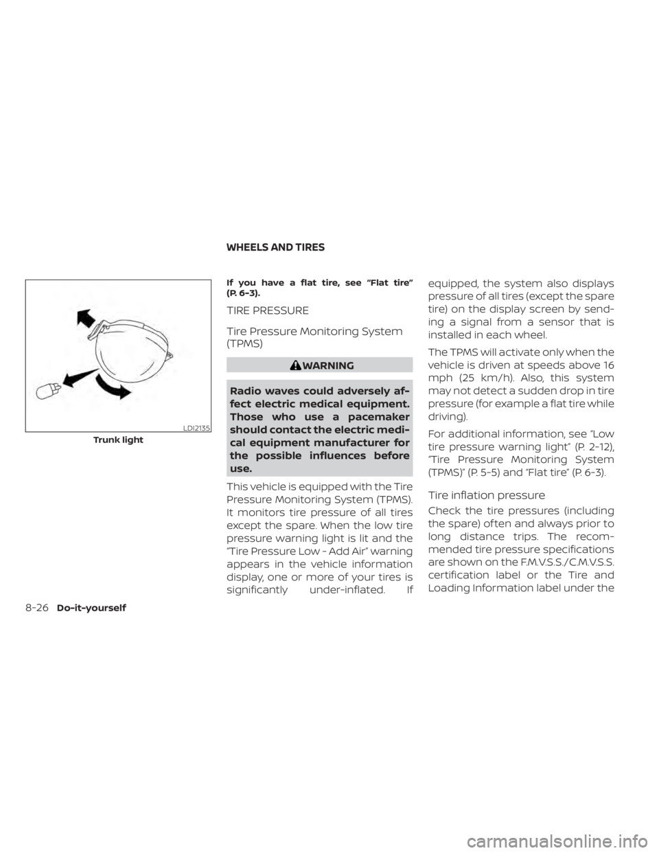 NISSAN MAXIMA 2021 Owner´s Manual If you have a flat tire, see “Flat tire”
(P. 6-3).
TIRE PRESSURE
Tire Pressure Monitoring System
(TPMS)
WARNING
Radio waves could adversely af-
fect electric medical equipment.
Those who use a pac NISSAN MAXIMA 2021 Owner´s Manual If you have a flat tire, see “Flat tire”
(P. 6-3).
TIRE PRESSURE
Tire Pressure Monitoring System
(TPMS)
WARNING
Radio waves could adversely af-
fect electric medical equipment.
Those who use a pac