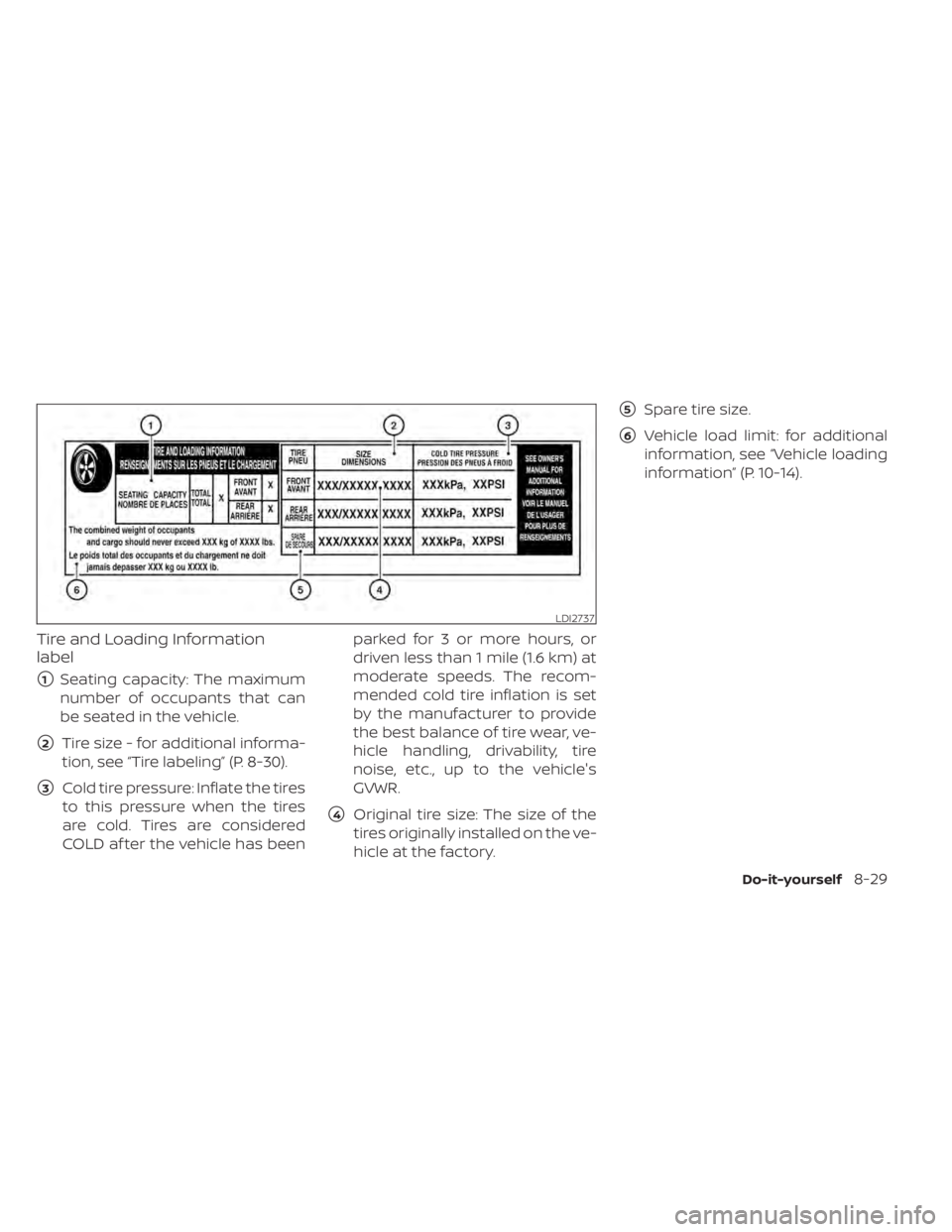 NISSAN MAXIMA 2021  Owner´s Manual Tire and Loading Information
label
1Seating capacity: The maximum
number of occupants that can
be seated in the vehicle.
2Tire size - for additional informa-
tion, see “Tire labeling” (P. 8-30).