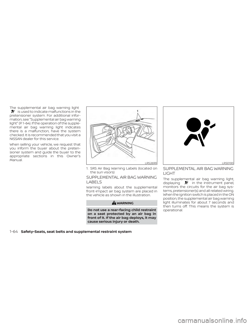 NISSAN MAXIMA 2021  Owner´s Manual The supplemental air bag warning lightis used to indicate malfunctions in the
pretensioner system. For additional infor-
mation, see "Supplemental air bag warning
light" (P. 1-64). If the oper