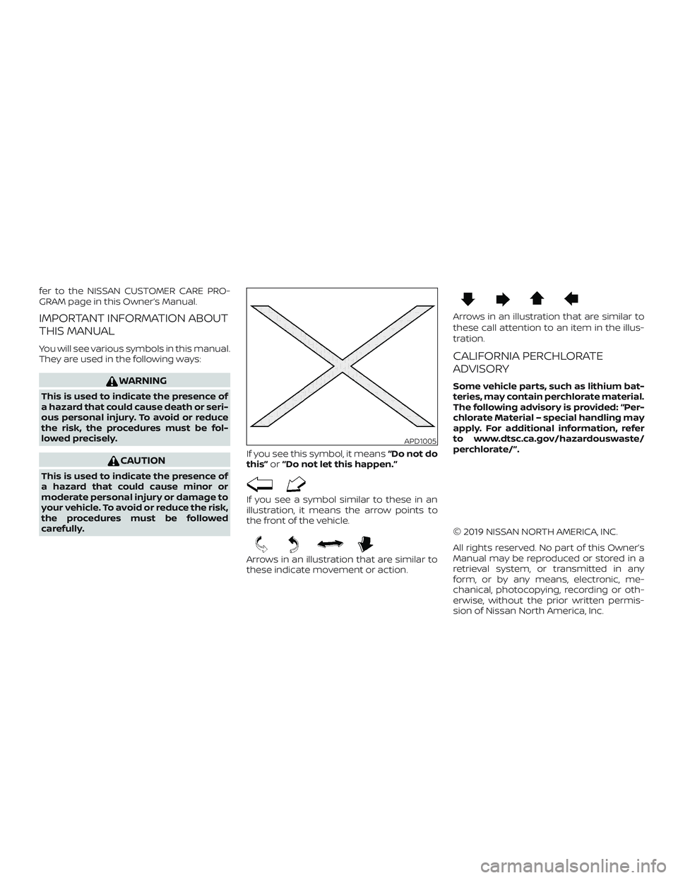 NISSAN MAXIMA 2020  Owner´s Manual fer to the NISSAN CUSTOMER CARE PRO-
GRAM page in this Owner’s Manual.
IMPORTANT INFORMATION ABOUT
THIS MANUAL
You will see various symbols in this manual.
They are used in the following ways:
WARNI