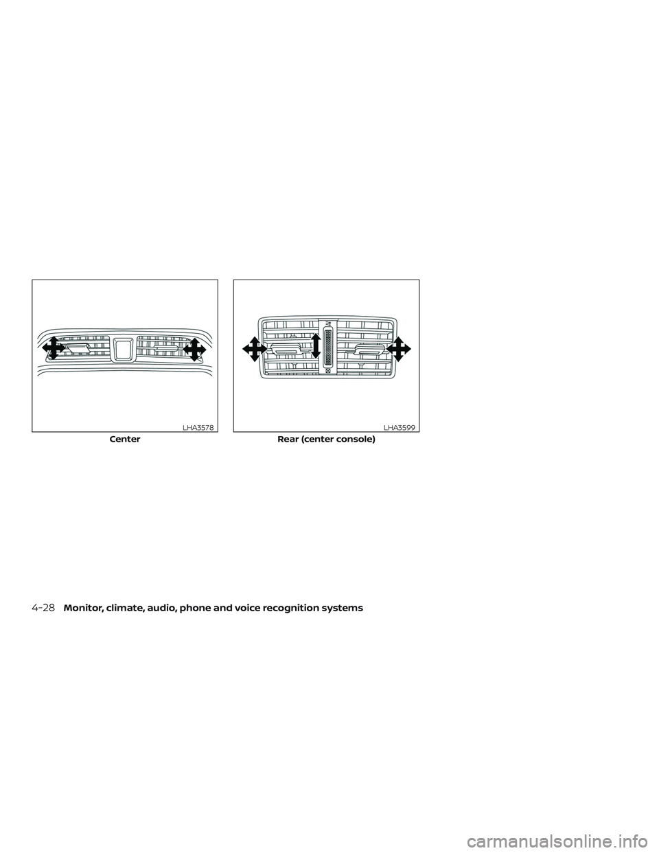 NISSAN MAXIMA 2020  Owner´s Manual Center
LHA3578
Rear (center console)
LHA3599
4-28Monitor, climate, audio, phone and voice recognition systems 