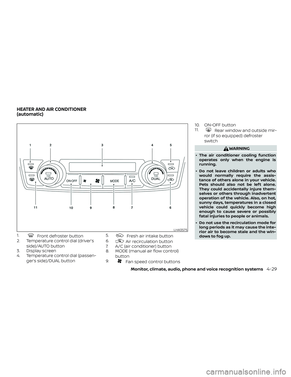 NISSAN MAXIMA 2020  Owner´s Manual 1.Front defroster button
2. Temperature control dial (driver’s
side)/AUTO button
3. Display screen
4. Temperature control dial (passen-
ger’s side)/DUAL button 5.Fresh air intake button
6.
Air rec