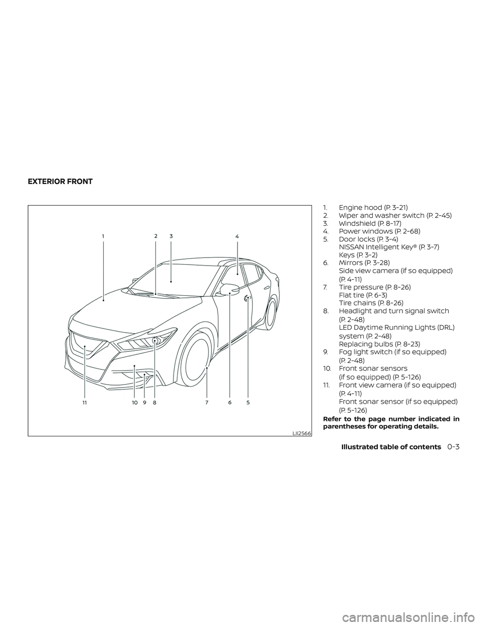 NISSAN MAXIMA 2020  Owner´s Manual 1. Engine hood (P. 3-21)
2. Wiper and washer switch (P. 2-45)
3. Windshield (P. 8-17)
4. Power windows (P. 2-68)
5. Door locks (P. 3-4)NISSAN Intelligent Key® (P. 3-7)
Keys (P. 3-2)
6. Mirrors (P. 3-