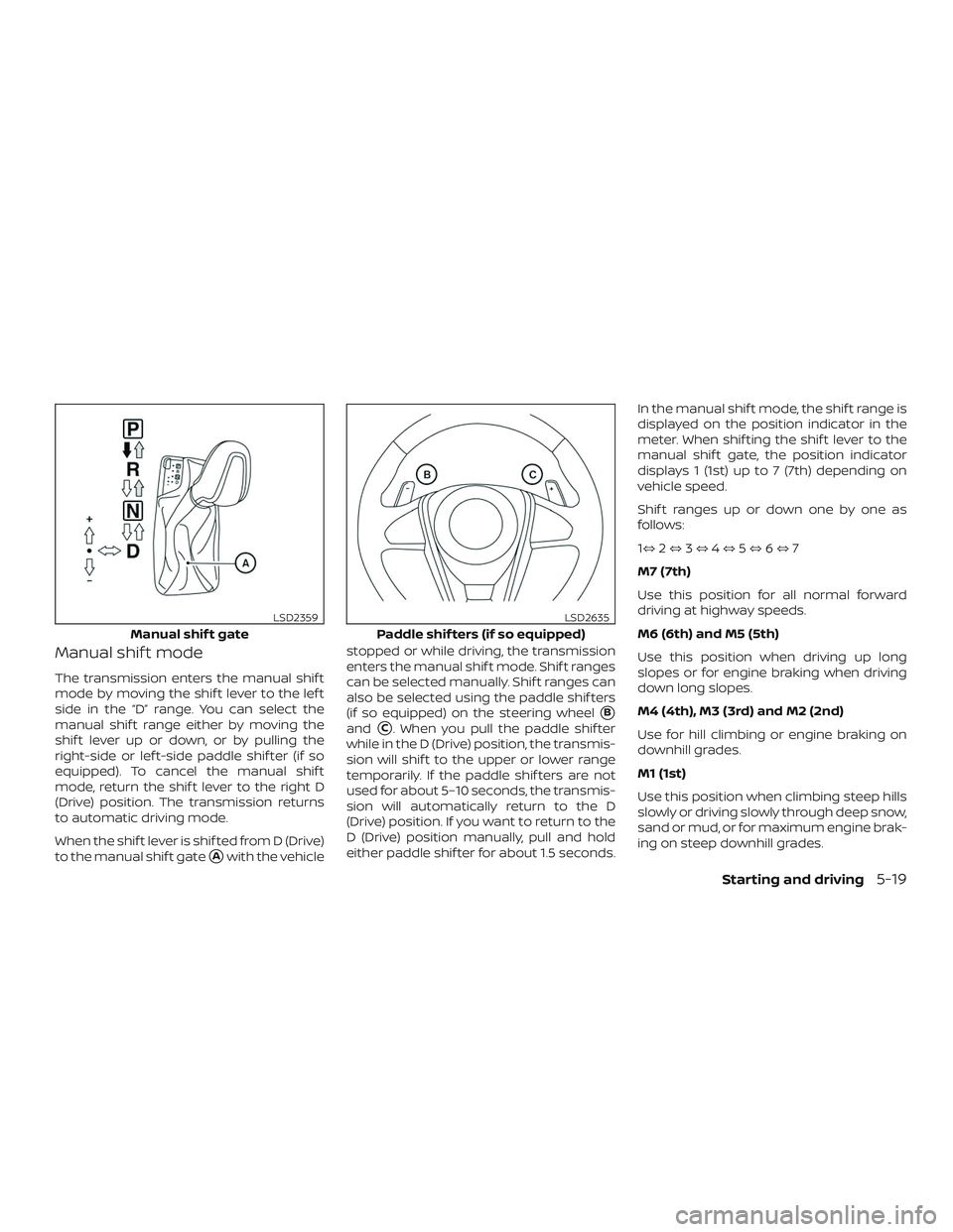 NISSAN MAXIMA 2020  Owner´s Manual Manual shif t mode
The transmission enters the manual shif t
mode by moving the shif t lever to the lef t
side in the “D” range. You can select the
manual shif t range either by moving the
shif t 