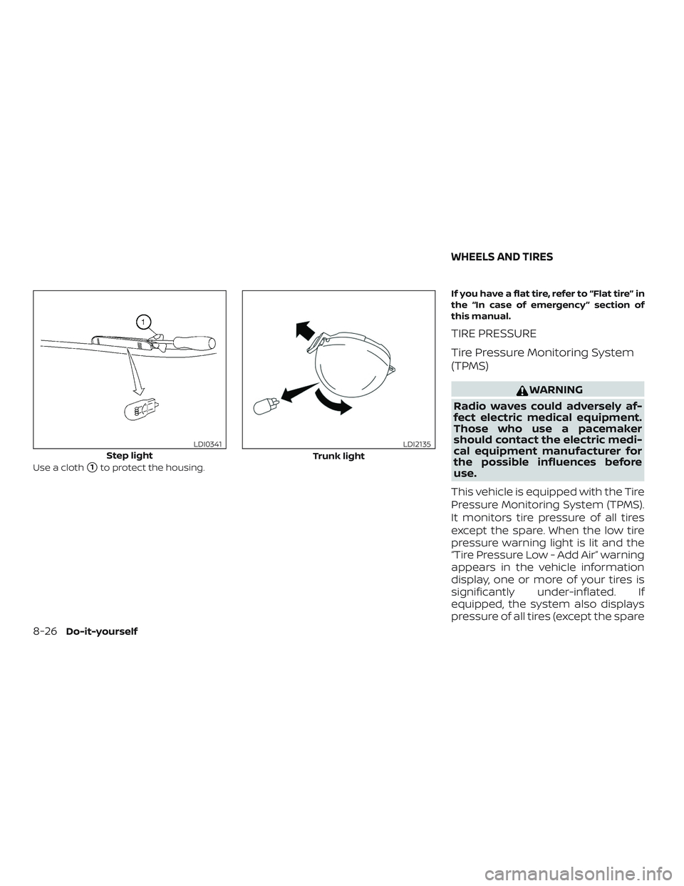 NISSAN MAXIMA 2020  Owner´s Manual Use a cloth1to protect the housing.If you have a flat tire, refer to “Flat tire” in
the “In case of emergency ” section of
this manual.
TIRE PRESSURE
Tire Pressure Monitoring System
(TPMS)
WA