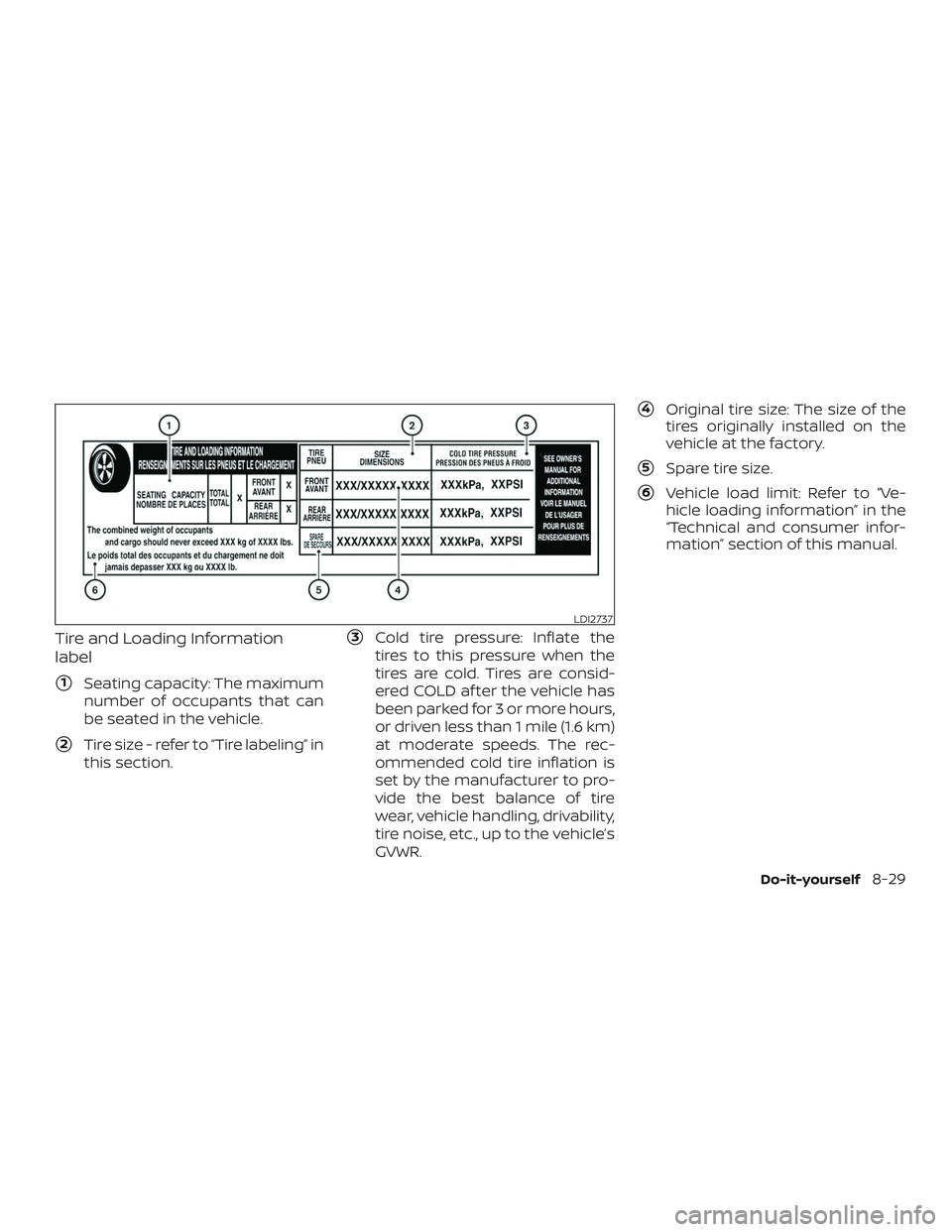 NISSAN MAXIMA 2020  Owner´s Manual Tire and Loading Information
label
1Seating capacity: The maximum
number of occupants that can
be seated in the vehicle.
2Tire size - refer to “Tire labeling” in
this section.
3Cold tire pressu