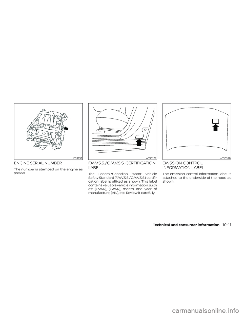 NISSAN MAXIMA 2020 Owner´s Manual ENGINE SERIAL NUMBER
The number is stamped on the engine as
shown.
F.M.V.S.S./C.M.V.S.S. CERTIFICATION
LABEL
The Federal/Canadian Motor Vehicle
Safety Standard (F.M.V.S.S./C.M.V.S.S.) certifi-
cation NISSAN MAXIMA 2020 Owner´s Manual ENGINE SERIAL NUMBER
The number is stamped on the engine as
shown.
F.M.V.S.S./C.M.V.S.S. CERTIFICATION
LABEL
The Federal/Canadian Motor Vehicle
Safety Standard (F.M.V.S.S./C.M.V.S.S.) certifi-
cation