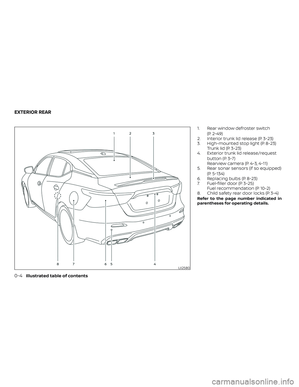 NISSAN MAXIMA 2019 Owner´s Manual 1. Rear window defroster switch(P. 2-49)
2. Interior trunk lid release (P. 3-23)
3. High-mounted stop light (P. 8-23) Trunk lid (P. 3-23)
4. Exterior trunk lid release/request
button (P. 3-7)
Rearview NISSAN MAXIMA 2019 Owner´s Manual 1. Rear window defroster switch(P. 2-49)
2. Interior trunk lid release (P. 3-23)
3. High-mounted stop light (P. 8-23) Trunk lid (P. 3-23)
4. Exterior trunk lid release/request
button (P. 3-7)
Rearview