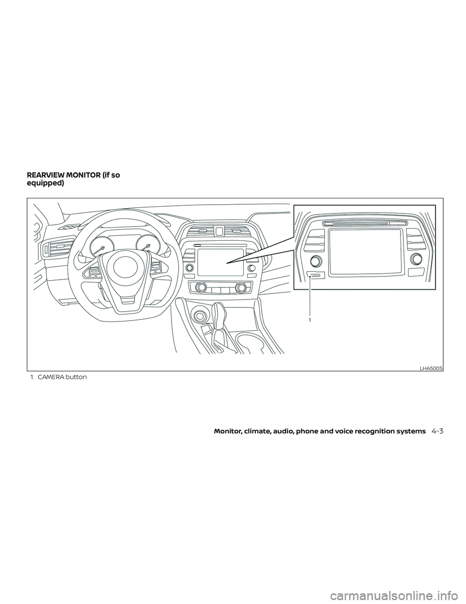 NISSAN MAXIMA 2019  Owner´s Manual 1. CAMERA button
LHA5005
REARVIEW MONITOR (if so
equipped)
Monitor, climate, audio, phone and voice recognition systems4-3 