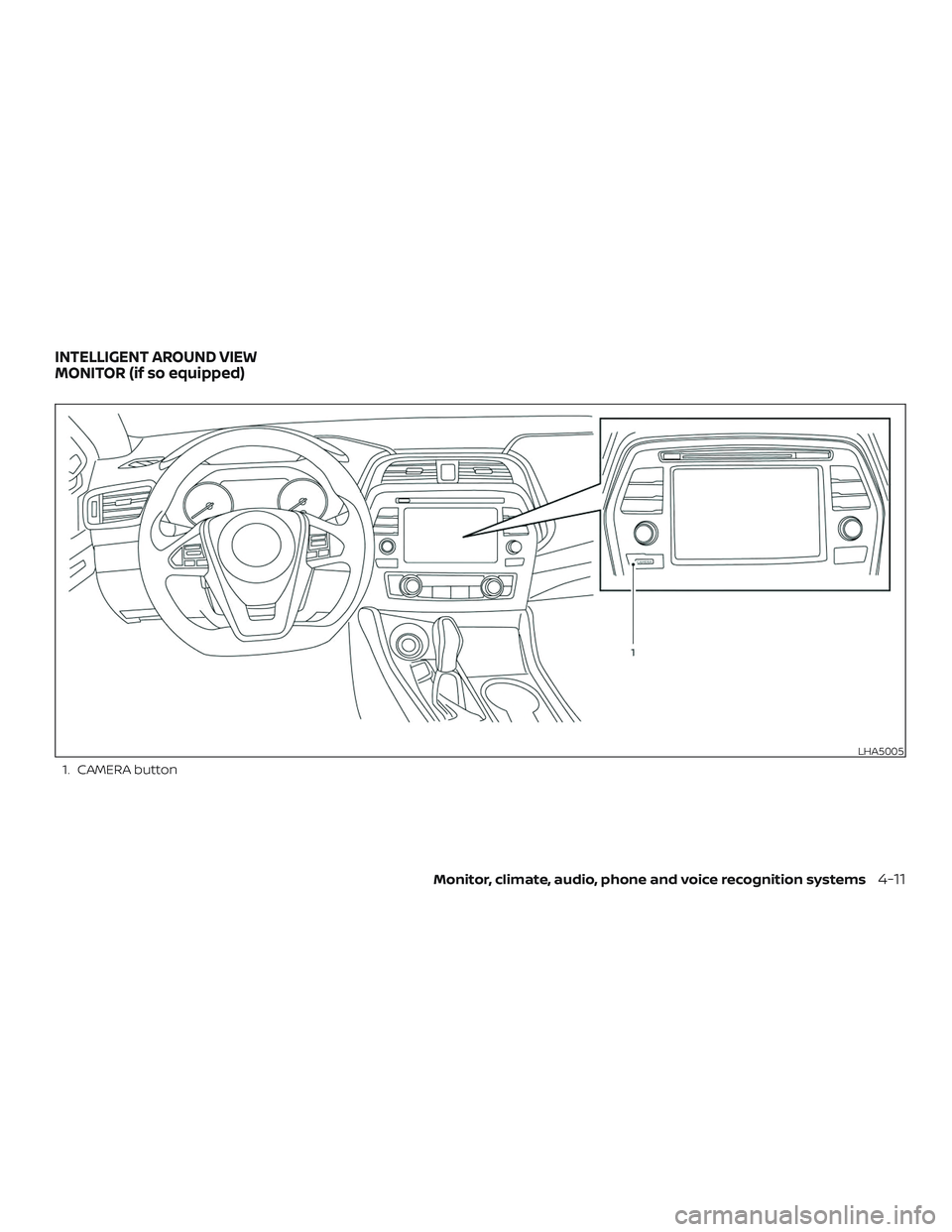 NISSAN MAXIMA 2019  Owner´s Manual 1. CAMERA button
LHA5005
INTELLIGENT AROUND VIEW
MONITOR (if so equipped)
Monitor, climate, audio, phone and voice recognition systems4-11 
