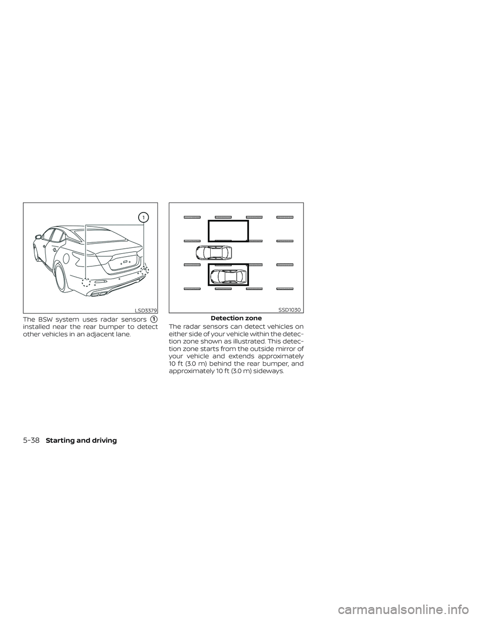 NISSAN MAXIMA 2019  Owner´s Manual The BSW system uses radar sensors1
installed near the rear bumper to detect
other vehicles in an adjacent lane.The radar sensors can detect vehicles on
either side of your vehicle within the detec-
t