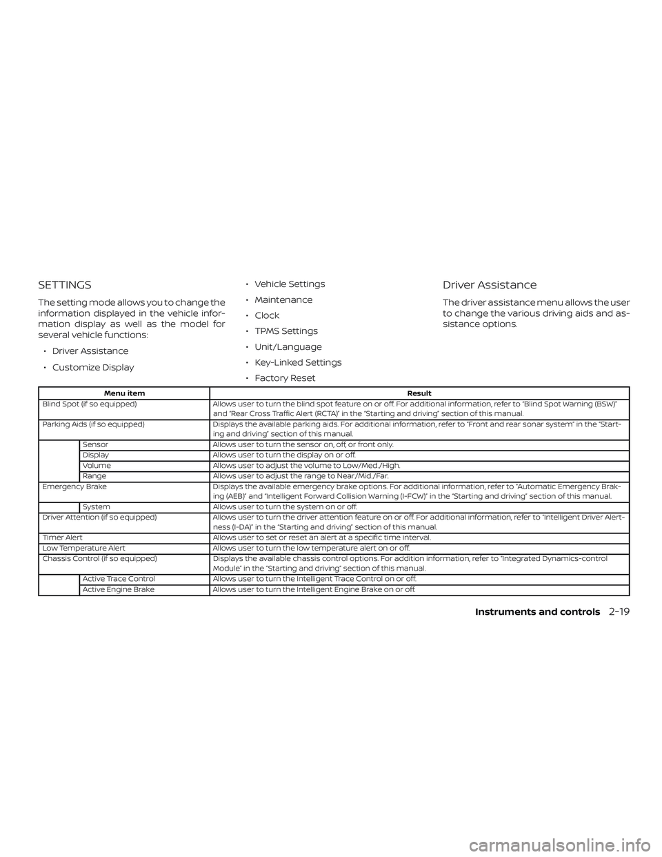 NISSAN MAXIMA 2018  Owner´s Manual SETTINGS
The setting mode allows you to change the
information displayed in the vehicle infor-
mation display as well as the model for
several vehicle functions:∙ Driver Assistance
∙ Customize Dis