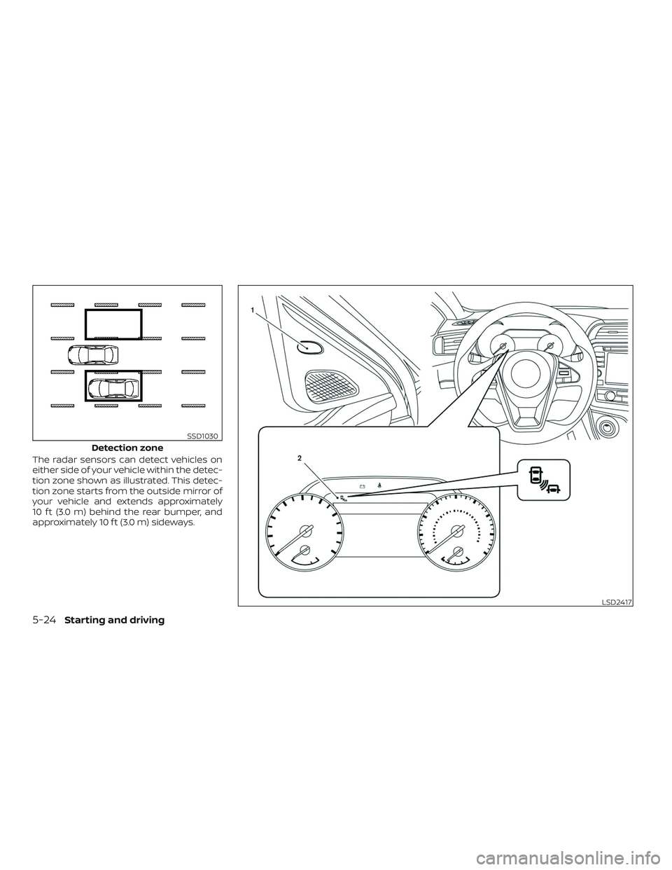NISSAN MAXIMA 2018  Owner´s Manual The radar sensors can detect vehicles on
either side of your vehicle within the detec-
tion zone shown as illustrated. This detec-
tion zone starts from the outside mirror of
your vehicle and extends 