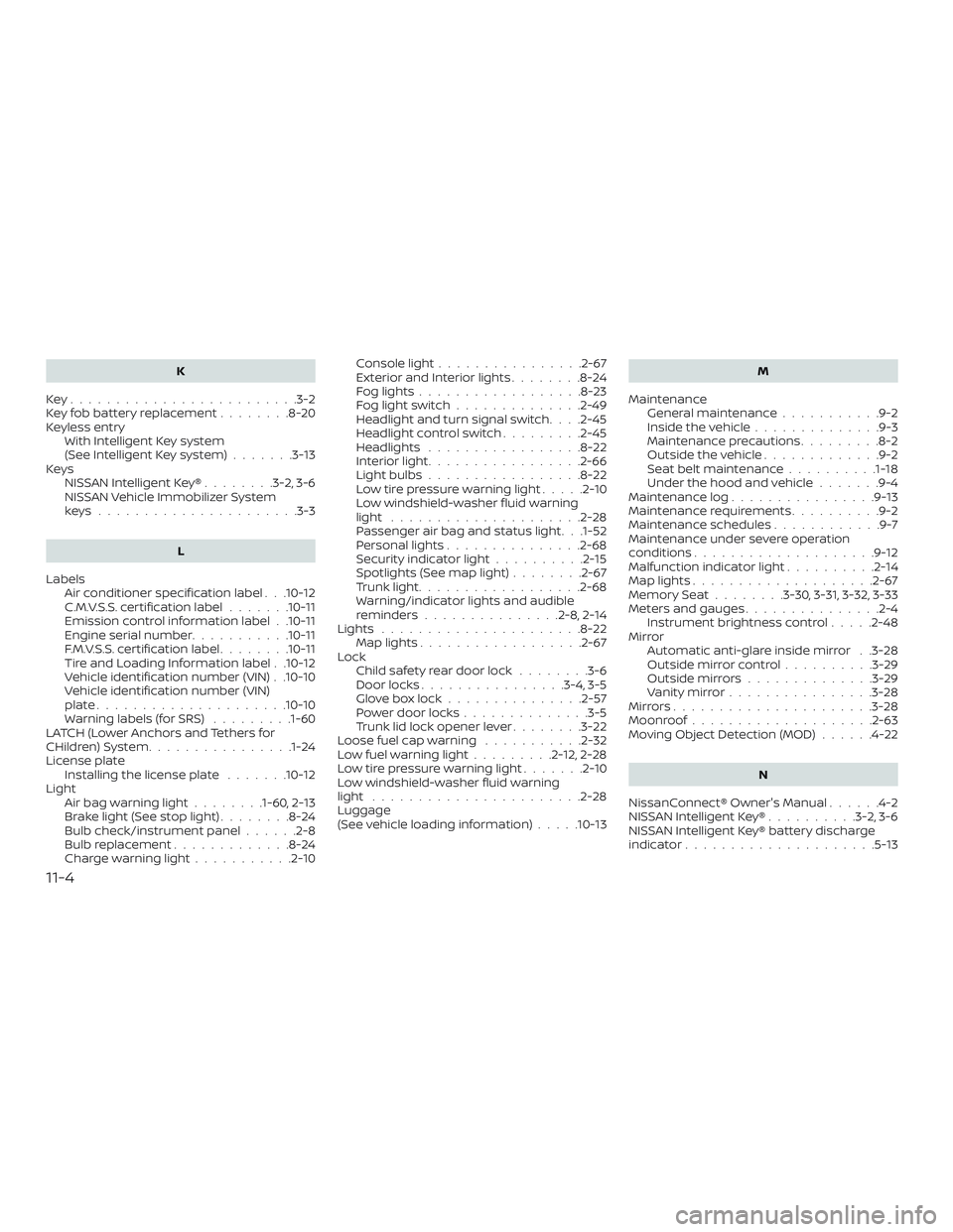 NISSAN MAXIMA 2018  Owner´s Manual K
Key.........................3-2
Key fob battery replacement ........8-20
Keyless entry With Intelligent Key system
(See Intelligent Key system) .......3-13
Keys NISSAN Intelligent Key® ........3-2, NISSAN MAXIMA 2018  Owner´s Manual K
Key.........................3-2
Key fob battery replacement ........8-20
Keyless entry With Intelligent Key system
(See Intelligent Key system) .......3-13
Keys NISSAN Intelligent Key® ........3-2,