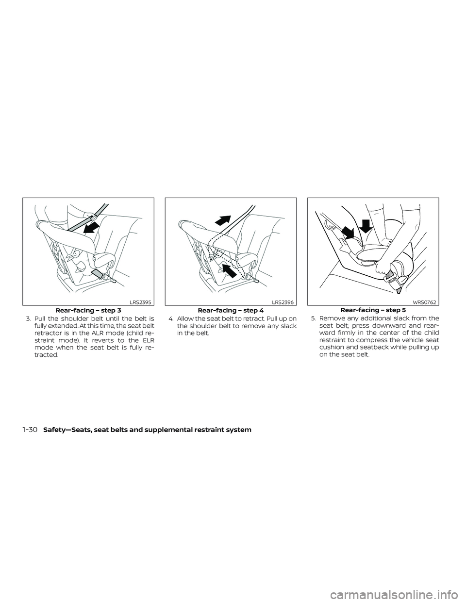 NISSAN MAXIMA 2018 Owner´s Manual 3. Pull the shoulder belt until the belt isfully extended. At this time, the seat belt
retractor is in the ALR mode (child re-
straint mode). It reverts to the ELR
mode when the seat belt is fully re- NISSAN MAXIMA 2018 Owner´s Manual 3. Pull the shoulder belt until the belt isfully extended. At this time, the seat belt
retractor is in the ALR mode (child re-
straint mode). It reverts to the ELR
mode when the seat belt is fully re-