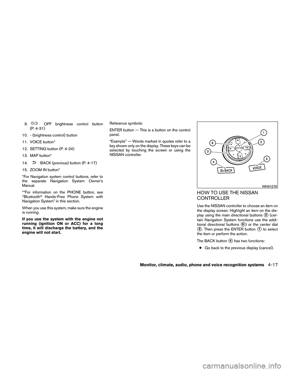 NISSAN MAXIMA 2011  Owner´s Manual 9.OFF brightness control button
(P. 4-31)
10. - (brightness control) button
11. VOICE button*
12. SETTING button (P. 4-24)
13. MAP button*
14.
BACK (previous) button (P. 4-17)
15. ZOOM IN button*
*For