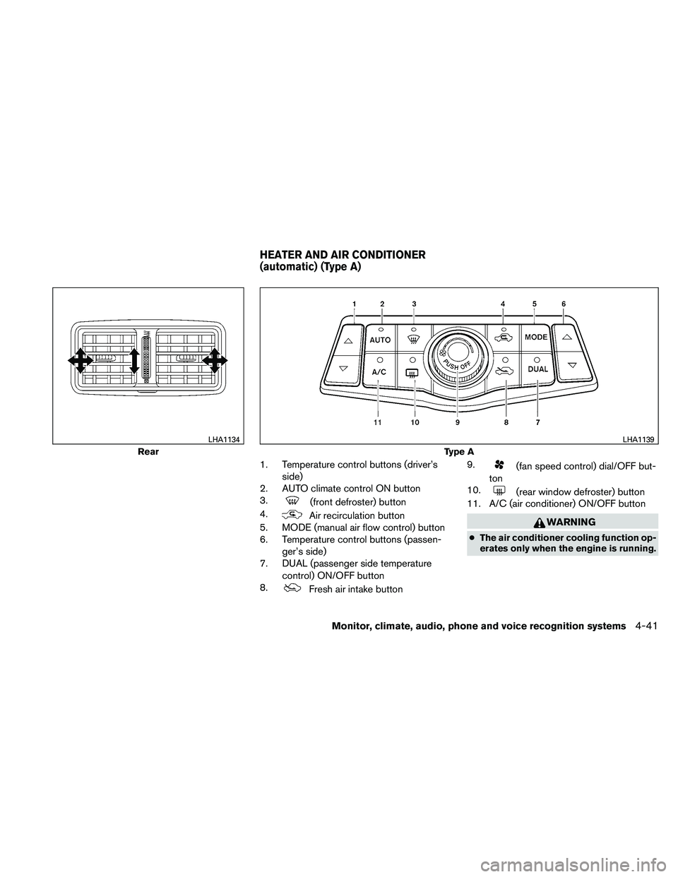 NISSAN MAXIMA 2011  Owner´s Manual 1. Temperature control buttons (driver’sside)
2. AUTO climate control ON button
3.
(front defroster) button
4.
Air recirculation button
5. MODE (manual air flow control) button
6. Temperature contro
