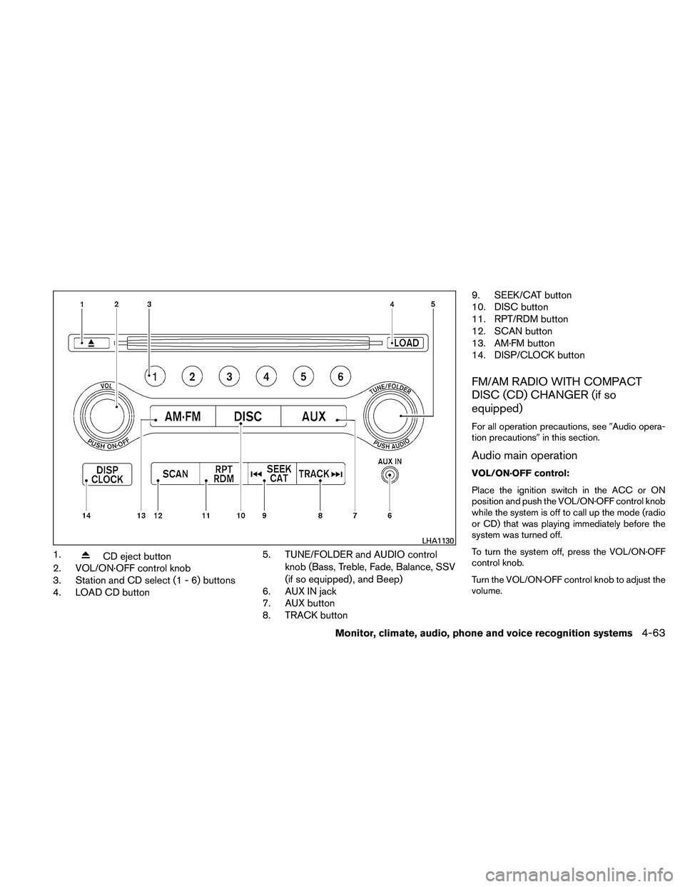 NISSAN MAXIMA 2011 Owner´s Manual 1.CD eject button
2. VOL/ON·OFF control knob
3. Station and CD select (1 - 6) buttons
4. LOAD CD button 5. TUNE/FOLDER and AUDIO control
knob (Bass, Treble, Fade, Balance, SSV
(if so equipped) , and NISSAN MAXIMA 2011 Owner´s Manual 1.CD eject button
2. VOL/ON·OFF control knob
3. Station and CD select (1 - 6) buttons
4. LOAD CD button 5. TUNE/FOLDER and AUDIO control
knob (Bass, Treble, Fade, Balance, SSV
(if so equipped) , and