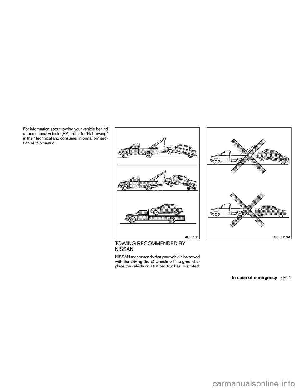 NISSAN MAXIMA 2011 Owner´s Manual For information about towing your vehicle behind
a recreational vehicle (RV) , refer to “Flat towing”
in the “Technical and consumer information” sec-
tion of this manual.
TOWING RECOMMENDED B NISSAN MAXIMA 2011 Owner´s Manual For information about towing your vehicle behind
a recreational vehicle (RV) , refer to “Flat towing”
in the “Technical and consumer information” sec-
tion of this manual.
TOWING RECOMMENDED B