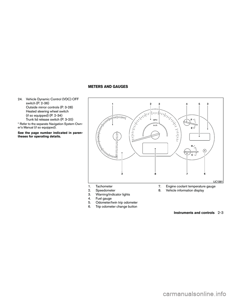 NISSAN MAXIMA 2011  Owner´s Manual 24. Vehicle Dynamic Control (VDC) OFFswitch (P. 2-36)
Outside mirror controls (P. 3-28)
Heated steering wheel switch
(if so equipped) (P. 2-34)
Trunk lid release switch (P. 3-20)
* Refer to the separa
