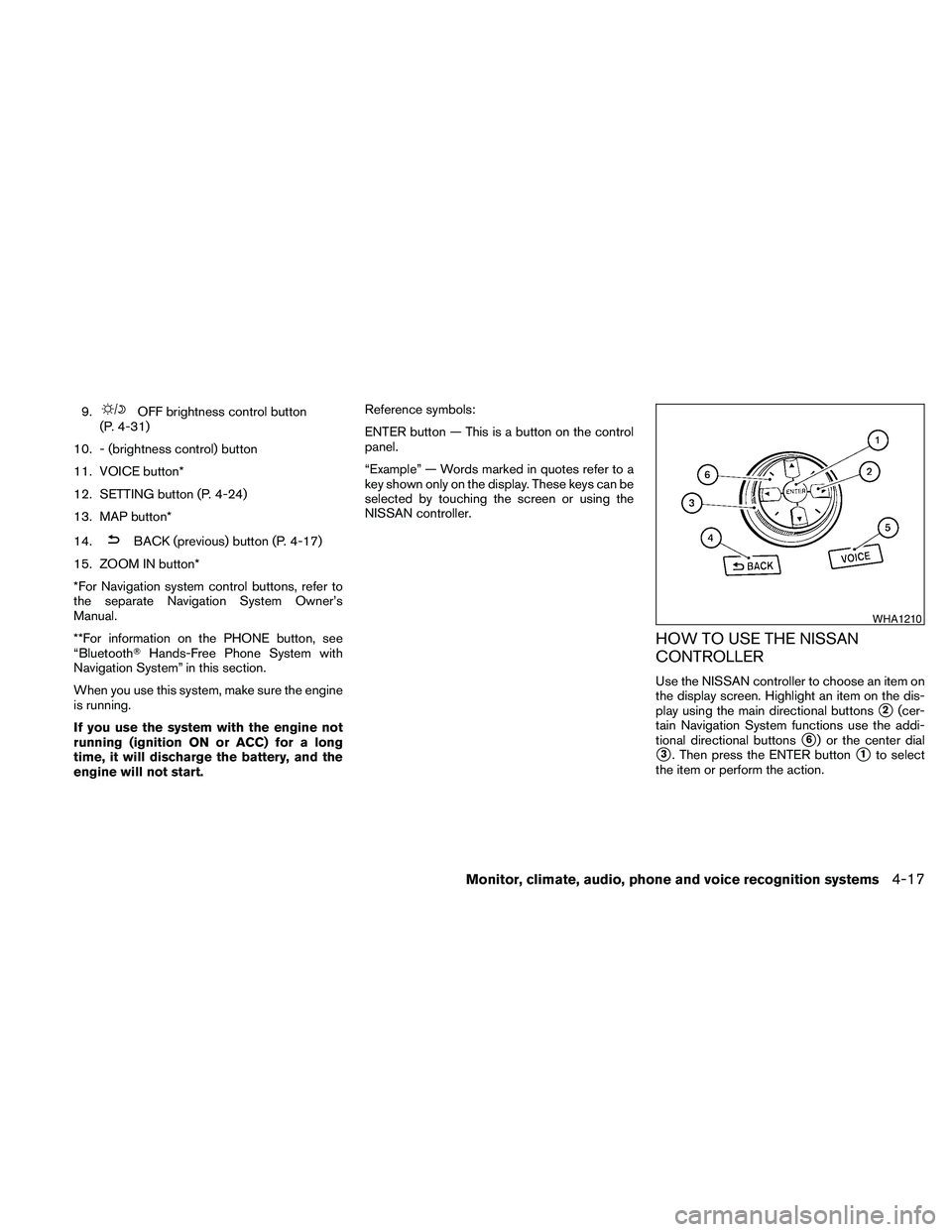 NISSAN MAXIMA 2010 Owner´s Manual 9.OFF brightness control button
(P. 4-31)
10. - (brightness control) button
11. VOICE button*
12. SETTING button (P. 4-24)
13. MAP button*
14.
BACK (previous) button (P. 4-17)
15. ZOOM IN button*
*For NISSAN MAXIMA 2010 Owner´s Manual 9.OFF brightness control button
(P. 4-31)
10. - (brightness control) button
11. VOICE button*
12. SETTING button (P. 4-24)
13. MAP button*
14.
BACK (previous) button (P. 4-17)
15. ZOOM IN button*
*For