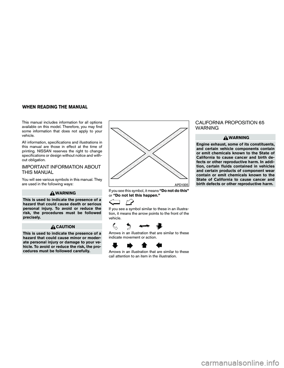 NISSAN MAXIMA 2010  Owner´s Manual This manual includes information for all options
available on this model. Therefore, you may find
some information that does not apply to your
vehicle.
All information, specifications and illustration