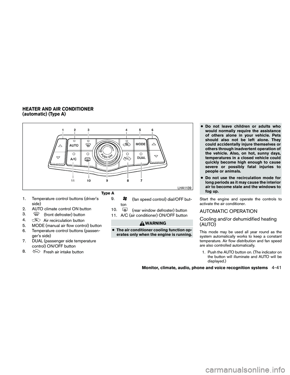 NISSAN MAXIMA 2010  Owner´s Manual 1. Temperature control buttons (driver’s
side)
2. AUTO climate control ON button
3.
(front defroster) button
4.
Air recirculation button
5. MODE (manual air flow control) button
6. Temperature contr