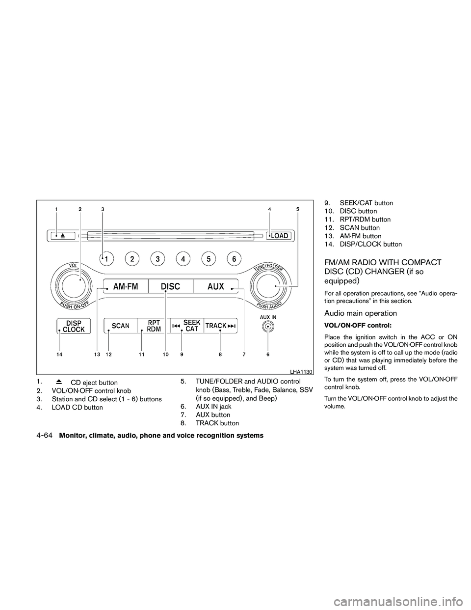 NISSAN MAXIMA 2010  Owner´s Manual 1.CD eject button
2. VOL/ON·OFF control knob
3. Station and CD select (1 - 6) buttons
4. LOAD CD button5. TUNE/FOLDER and AUDIO control
knob (Bass, Treble, Fade, Balance, SSV
(if so equipped) , and B