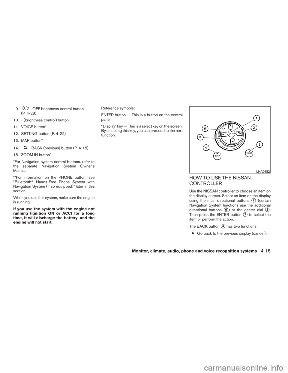 NISSAN MAXIMA 2009  Owner´s Manual 9.OFF brightness control button
(P. 4-28)
10. - (brightness control) button
11. VOICE button*
12. SETTING button (P. 4-22)
13. MAP button*
14.
BACK (previous) button (P. 4-15)
15. ZOOM IN button*
*For
