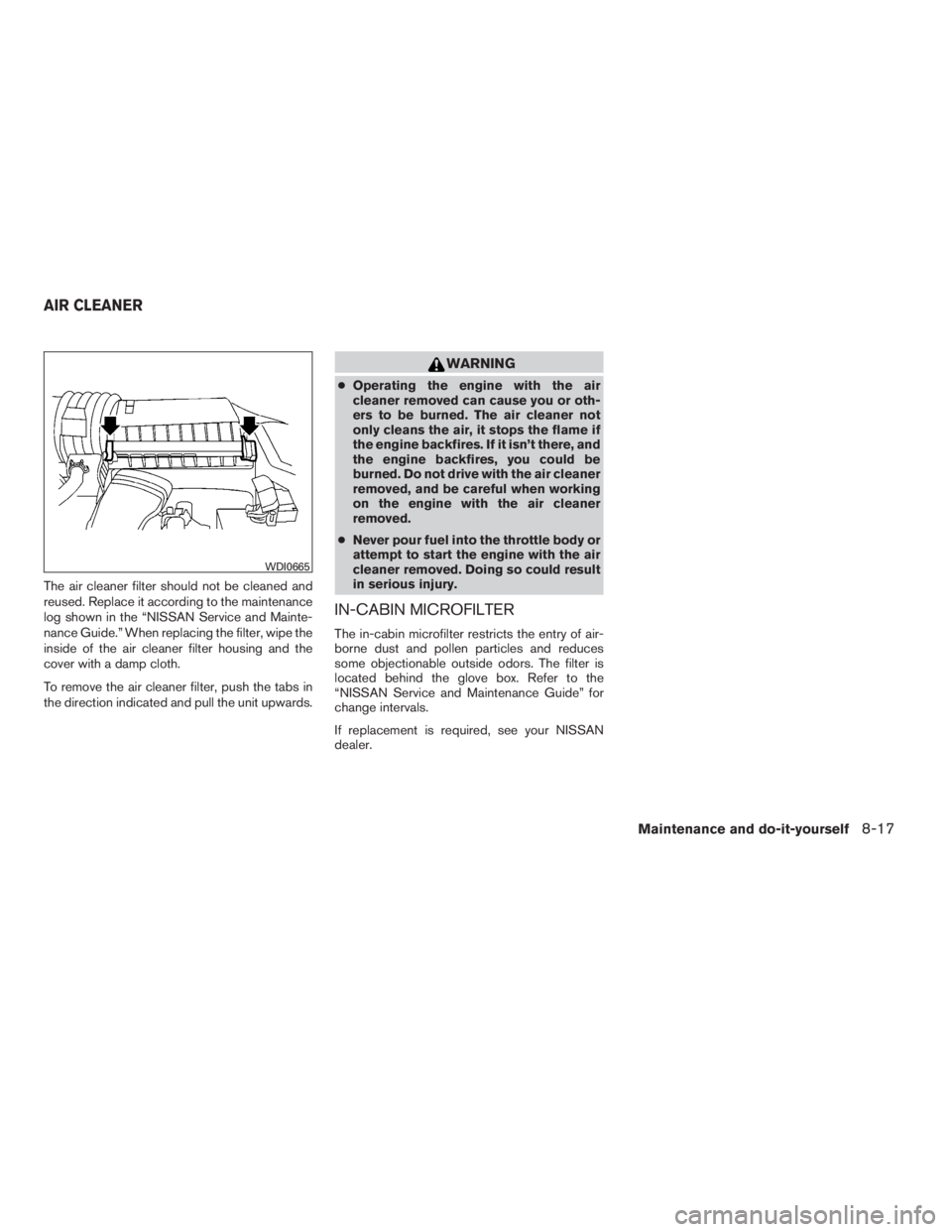 NISSAN MAXIMA 2009  Owner´s Manual The air cleaner filter should not be cleaned and
reused. Replace it according to the maintenance
log shown in the “NISSAN Service and Mainte-
nance Guide.” When replacing the filter, wipe the
insi