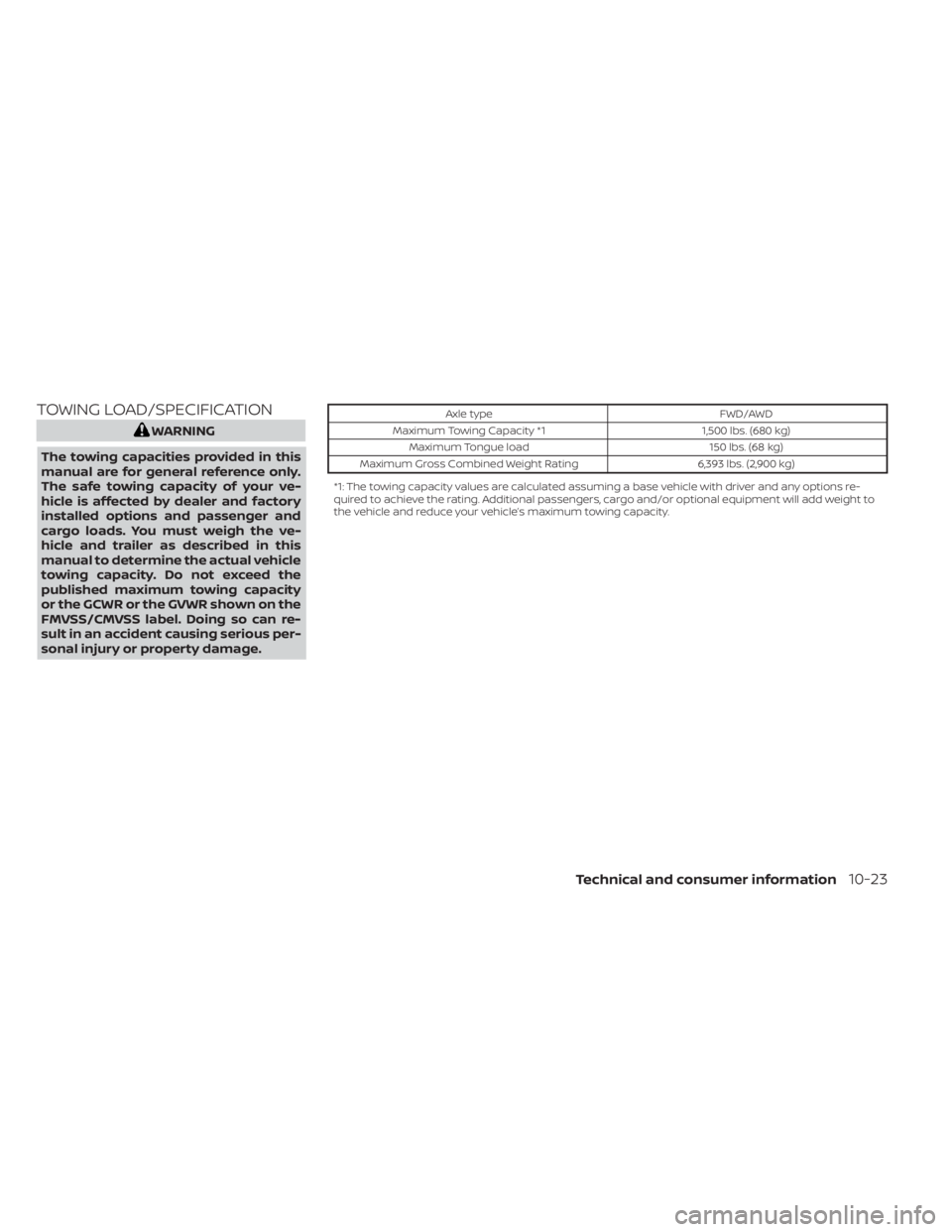 NISSAN MURANO 2021  Owner´s Manual TOWING LOAD/SPECIFICATION
WARNING
The towing capacities provided in this
manual are for general reference only.
The safe towing capacity of your ve-
hicle is affected by dealer and factory
installed o
