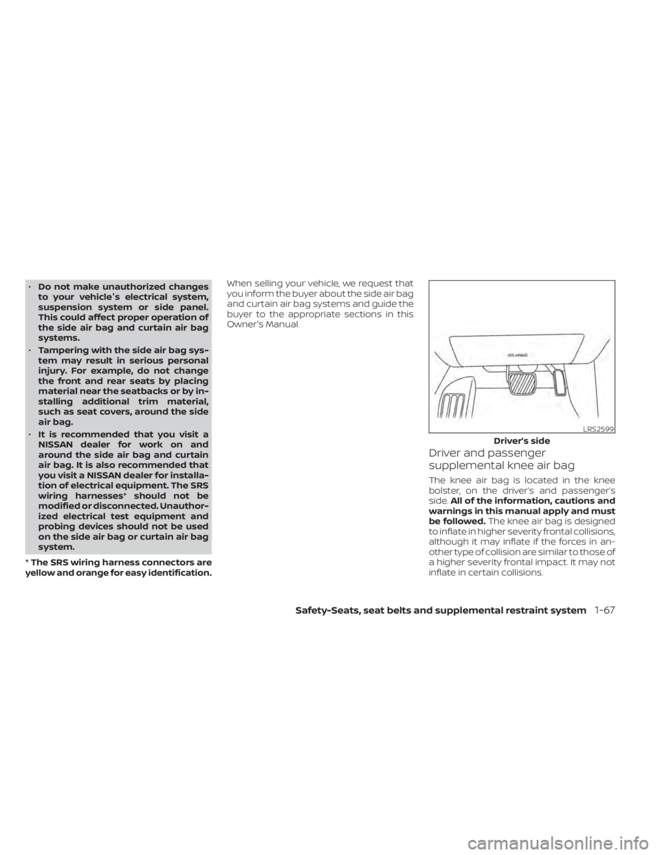 NISSAN MURANO 2021  Owner´s Manual •Do not make unauthorized changes
to your vehicle's electrical system,
suspension system or side panel.
This could affect proper operation of
the side air bag and curtain air bag
systems.
• Ta
