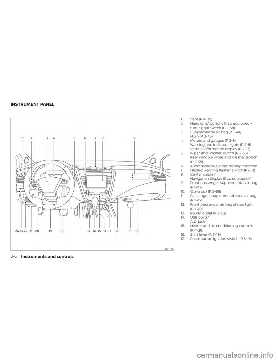 NISSAN MURANO 2020 Owner´s Manual 1. Vent (P. 4-26)
2. Headlight/fog light (if so equipped)/turn signal switch (P. 2-38)
3. Supplemental air bag (P. 1-49) Horn (P. 2-45)
4. Meters and gauges (P. 2-3) Warning and indicator lights (P. 2 NISSAN MURANO 2020 Owner´s Manual 1. Vent (P. 4-26)
2. Headlight/fog light (if so equipped)/turn signal switch (P. 2-38)
3. Supplemental air bag (P. 1-49) Horn (P. 2-45)
4. Meters and gauges (P. 2-3) Warning and indicator lights (P. 2