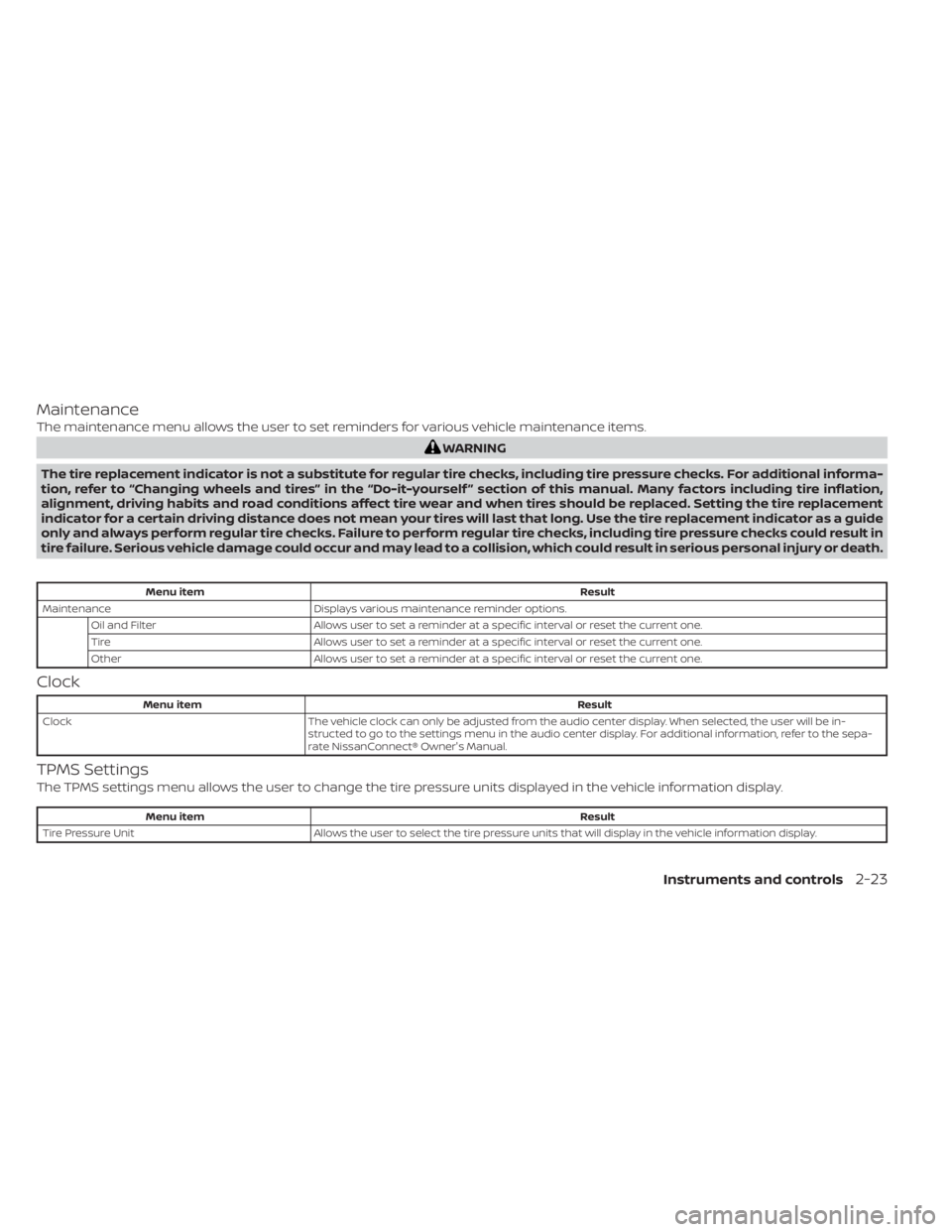 NISSAN MURANO 2020 Owner´s Manual Maintenance
The maintenance menu allows the user to set reminders for various vehicle maintenance items.
WARNING
The tire replacement indicator is not a substitute for regular tire checks, including t NISSAN MURANO 2020 Owner´s Manual Maintenance
The maintenance menu allows the user to set reminders for various vehicle maintenance items.
WARNING
The tire replacement indicator is not a substitute for regular tire checks, including t