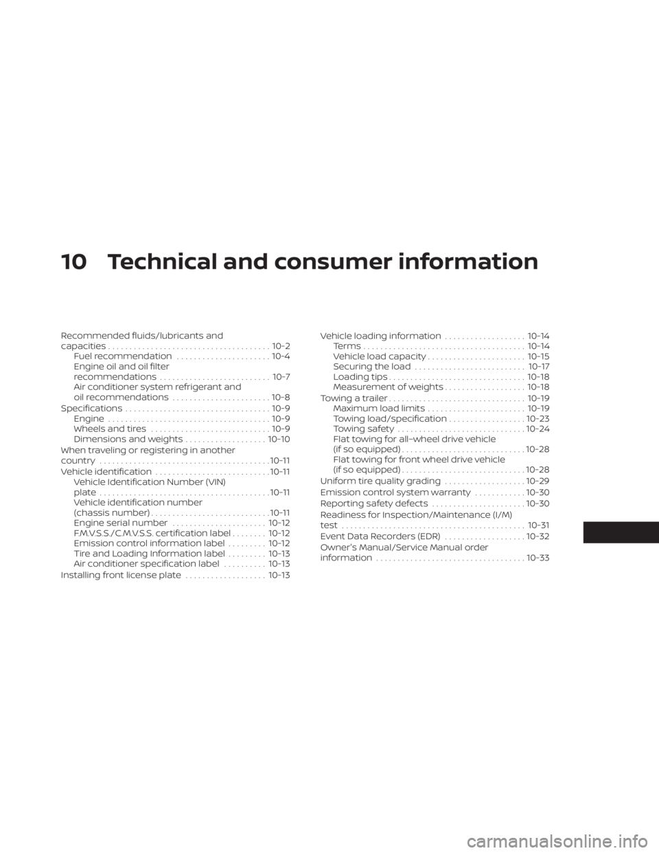 NISSAN MURANO 2020  Owner´s Manual 10 Technical and consumer information
Recommended fluids/lubricants and
capacities...................................... 10-2
Fuel recommendation ......................10-4
Engine oil and oil filter
r