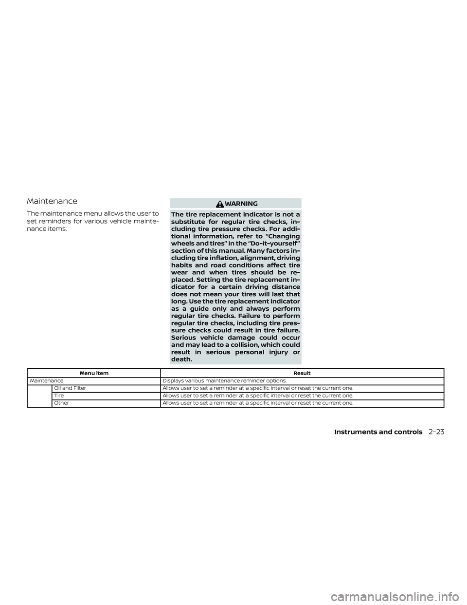 NISSAN MURANO 2019 Owner´s Manual Maintenance
The maintenance menu allows the user to
set reminders for various vehicle mainte-
nance items.
WARNING
The tire replacement indicator is not a
substitute for regular tire checks, in-
cludi NISSAN MURANO 2019 Owner´s Manual Maintenance
The maintenance menu allows the user to
set reminders for various vehicle mainte-
nance items.
WARNING
The tire replacement indicator is not a
substitute for regular tire checks, in-
cludi