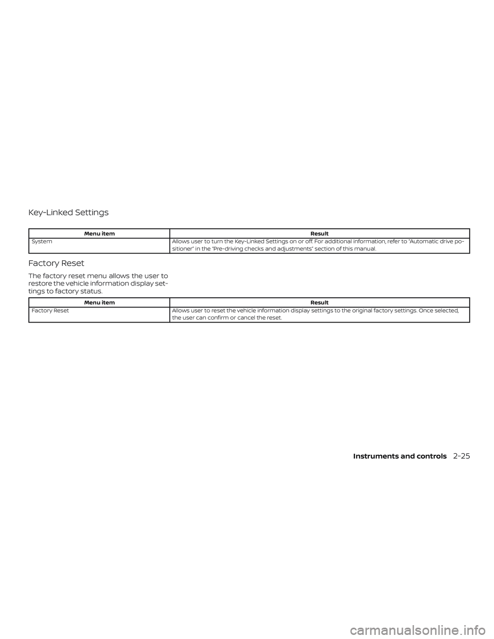 NISSAN MURANO 2019 Owner´s Manual Key-Linked Settings
Menu itemResult
System Allows user to turn the Key-Linked Settings on or off. For additional information, refer to “Automatic drive po-
sitioner” in the “Pre-driving checks a NISSAN MURANO 2019 Owner´s Manual Key-Linked Settings
Menu itemResult
System Allows user to turn the Key-Linked Settings on or off. For additional information, refer to “Automatic drive po-
sitioner” in the “Pre-driving checks a