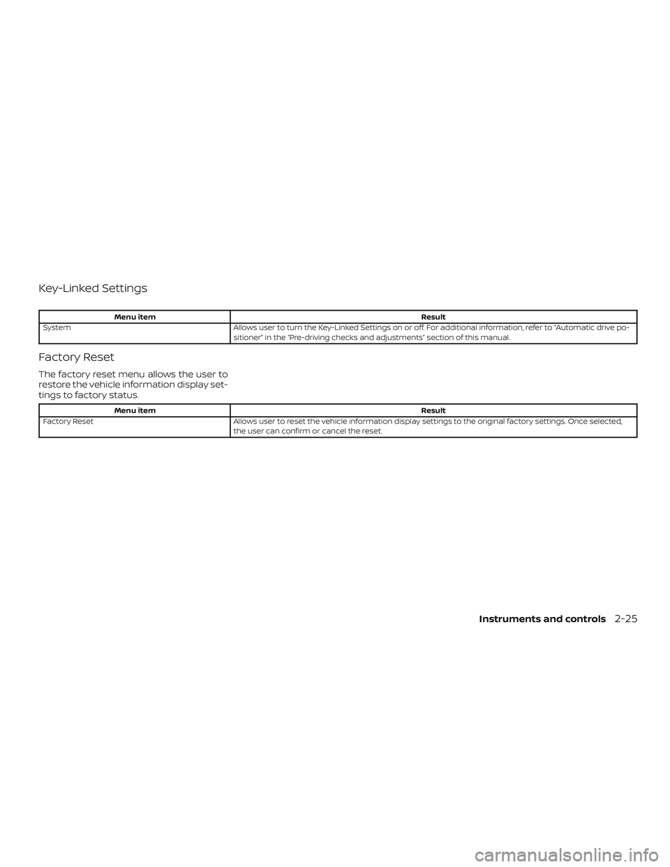 NISSAN MURANO 2019  Owner´s Manual Key-Linked Settings
Menu itemResult
System Allows user to turn the Key-Linked Settings on or off. For additional information, refer to “Automatic drive po-
sitioner” in the “Pre-driving checks a