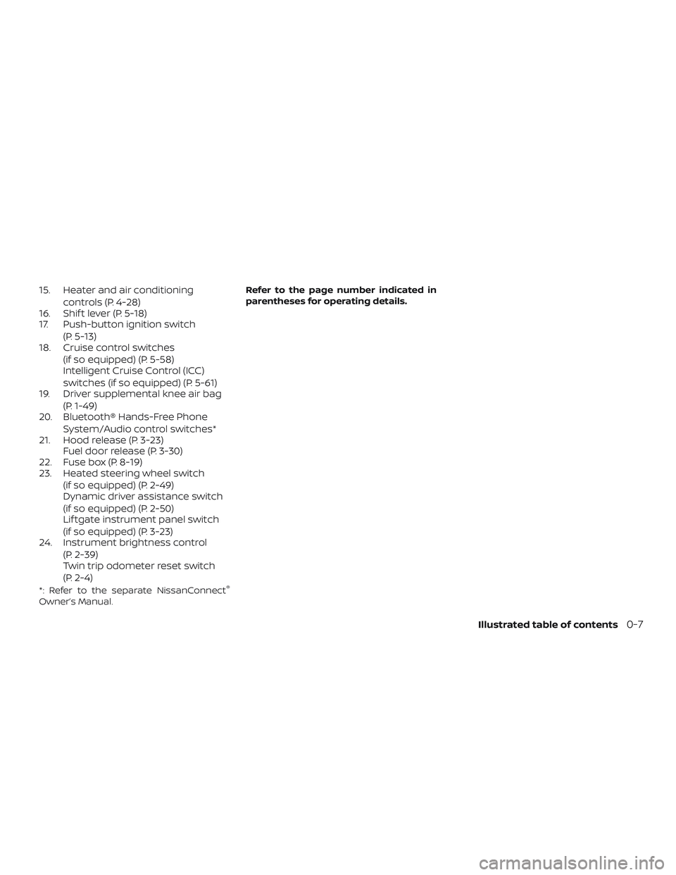 NISSAN MURANO 2019 Owner´s Manual 15. Heater and air conditioningcontrols (P. 4-28)
16. Shif t lever (P. 5-18)
17. Push-button ignition switch
(P. 5-13)
18. Cruise control switches
(if so equipped) (P. 5-58)
Intelligent Cruise Control NISSAN MURANO 2019 Owner´s Manual 15. Heater and air conditioningcontrols (P. 4-28)
16. Shif t lever (P. 5-18)
17. Push-button ignition switch
(P. 5-13)
18. Cruise control switches
(if so equipped) (P. 5-58)
Intelligent Cruise Control