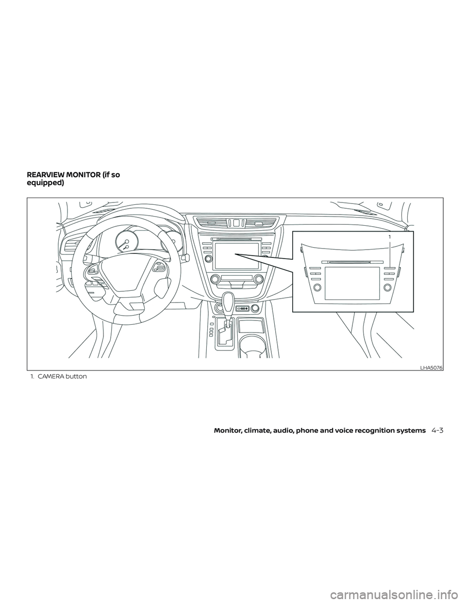 NISSAN MURANO 2019  Owner´s Manual 1. CAMERA button
LHA5076
REARVIEW MONITOR (if so
equipped)
Monitor, climate, audio, phone and voice recognition systems4-3 
