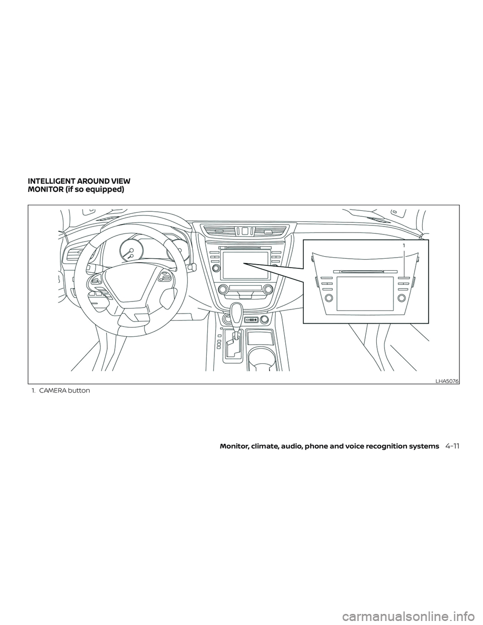 NISSAN MURANO 2019  Owner´s Manual 1. CAMERA button
LHA5076
INTELLIGENT AROUND VIEW
MONITOR (if so equipped)
Monitor, climate, audio, phone and voice recognition systems4-11 