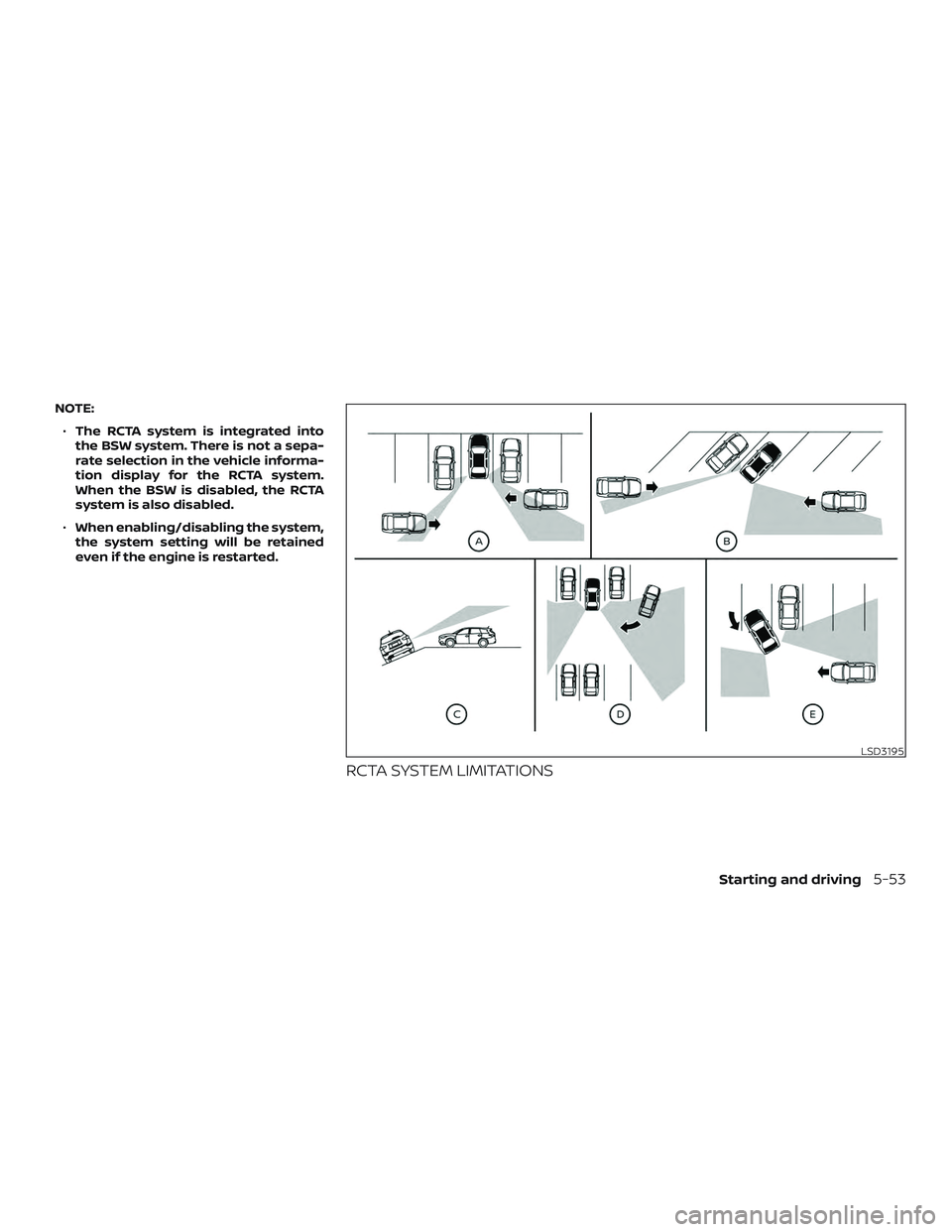 NISSAN MURANO 2019  Owner´s Manual NOTE:∙ The RCTA system is integrated into
the BSW system. There is not a sepa-
rate selection in the vehicle informa-
tion display for the RCTA system.
When the BSW is disabled, the RCTA
system is a