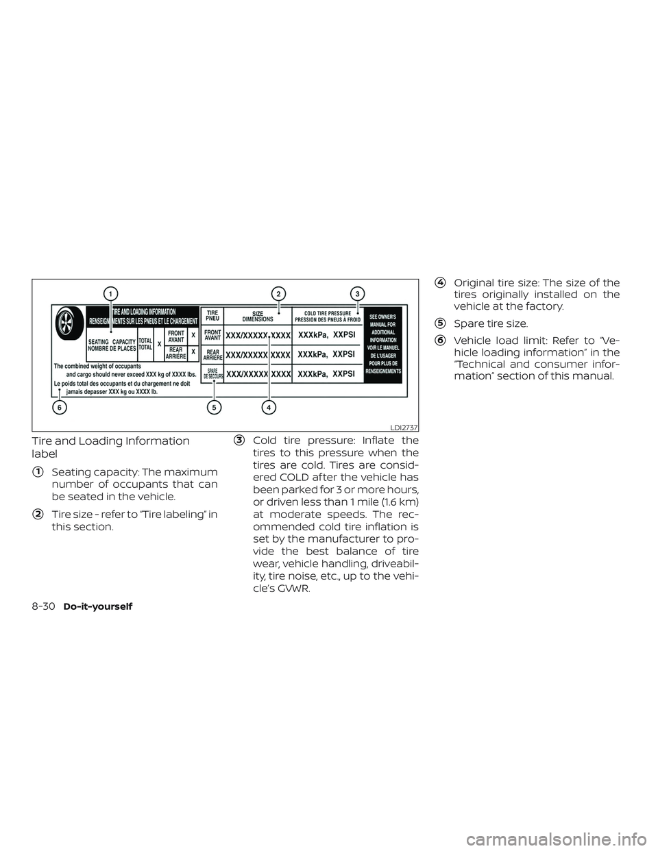 NISSAN MURANO 2019  Owner´s Manual Tire and Loading Information
label
1Seating capacity: The maximum
number of occupants that can
be seated in the vehicle.
2Tire size - refer to “Tire labeling” in
this section.
3Cold tire pressu