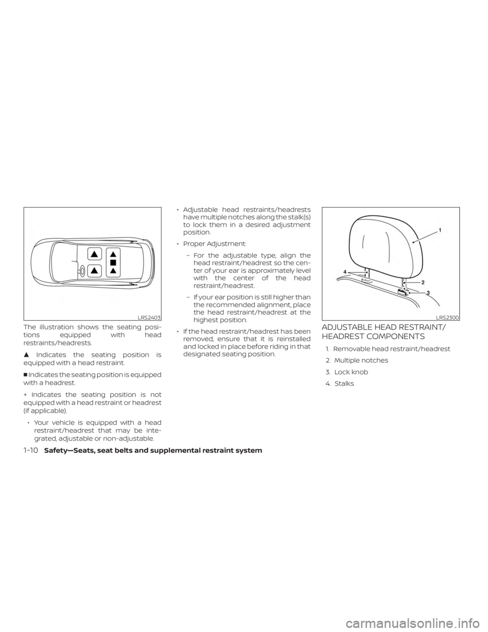 NISSAN MURANO 2018  Owner´s Manual The illustration shows the seating posi-
tions equipped with head
restraints/headrests.
Indicates the seating position is
equipped with a head restraint.
 Indicates the seating position is equipped
