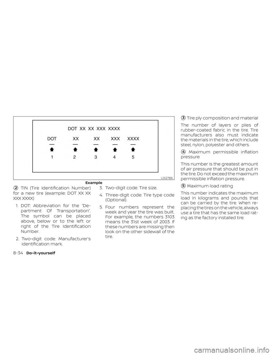 NISSAN MURANO 2018  Owner´s Manual 2TIN (Tire Identification Number)
for a new tire (example: DOT XX XX
XXX XXXX)
1. DOT: Abbreviation for the “De- partment Of Transportation”.
The symbol can be placed
above, below or to the lef t