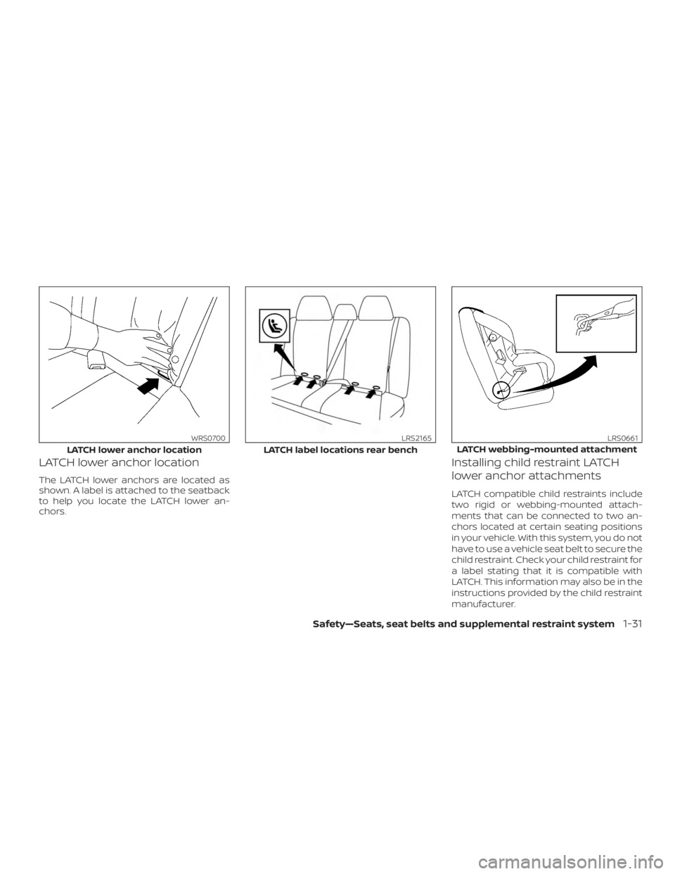 NISSAN MURANO 2018  Owner´s Manual LATCH lower anchor location
The LATCH lower anchors are located as
shown. A label is attached to the seatback
to help you locate the LATCH lower an-
chors.
Installing child restraint LATCH
lower ancho