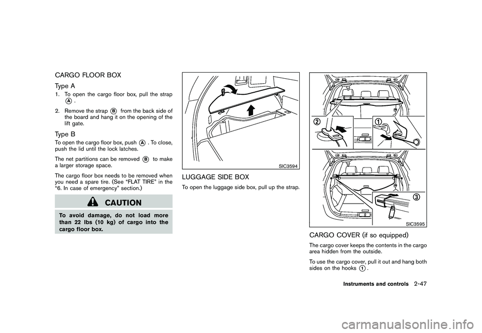 NISSAN MURANO 2011 Owner´s Manual Black plate (119,1)
Model "Z51-D" EDITED: 2010/ 9/ 28
CARGO FLOOR BOX
Type A1. To open the cargo floor box, pull the strap
*A
.
2. Remove the strap
*B
from the back side of
the board and hang it on th NISSAN MURANO 2011 Owner´s Manual Black plate (119,1)
Model "Z51-D" EDITED: 2010/ 9/ 28
CARGO FLOOR BOX
Type A1. To open the cargo floor box, pull the strap
*A
.
2. Remove the strap
*B
from the back side of
the board and hang it on th